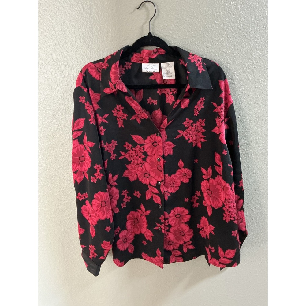 Kathie Lee Woman Floral Button Down Blouse Black Red Plus 26/28W Holiday Party